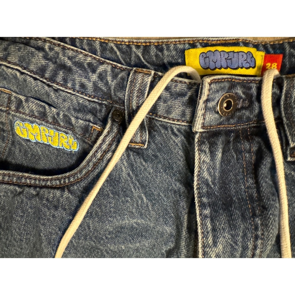 EMPYRE Denim Jeans Mens Size 28 Baggy Fit Y2K Blue Large Embroidered Pockets - Picture 3 of 8